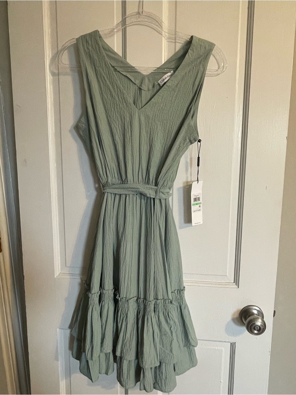 Calvin Klein Dusty Sage V-Neck Belted Tiered Midi Dress
